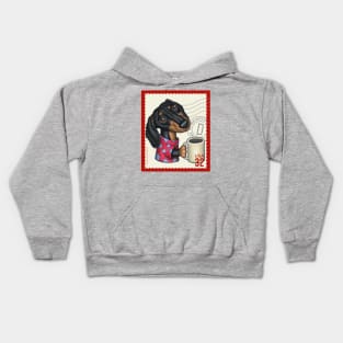 Funny Sausage Doxie dog drinking a cup of coffee Kids Hoodie